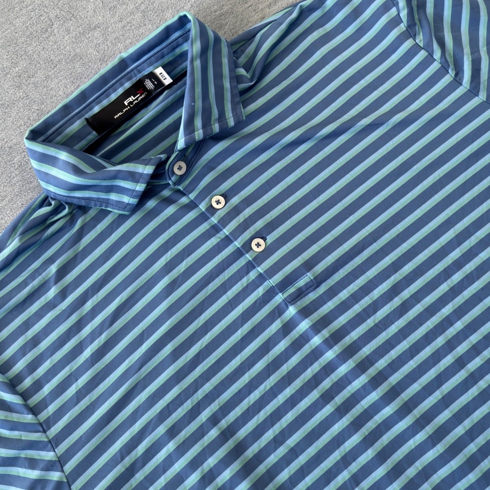 RLX Ralph Lauren Mens Large Blue Striped Performance Golf Polo Steer Skull Logo